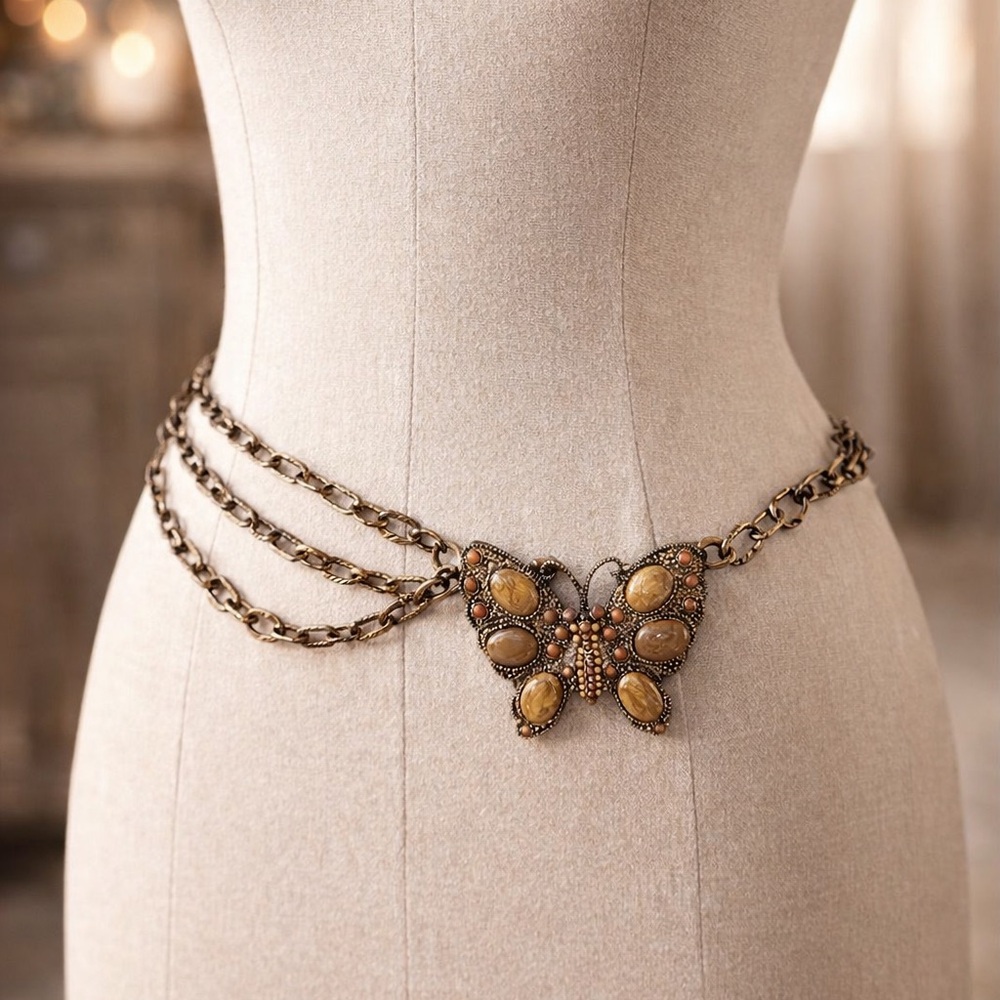 Y2K Butterfly Sling Belt • Triple Chain Hip Belt • Gold Tone • Boho Glam
